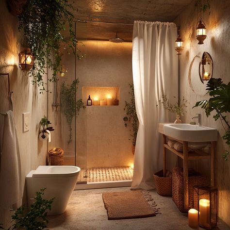 Bathroom Ideas Square Room, Shower Room No Window, Walk In Shower Ideas With Curtain, Glass Shower With Curtain, Walk In Shower Aesthetic, Tiny Home Shower Ideas, Small Spa Bathroom Design, Master Bath No Windows, Relaxing Home Aesthetic