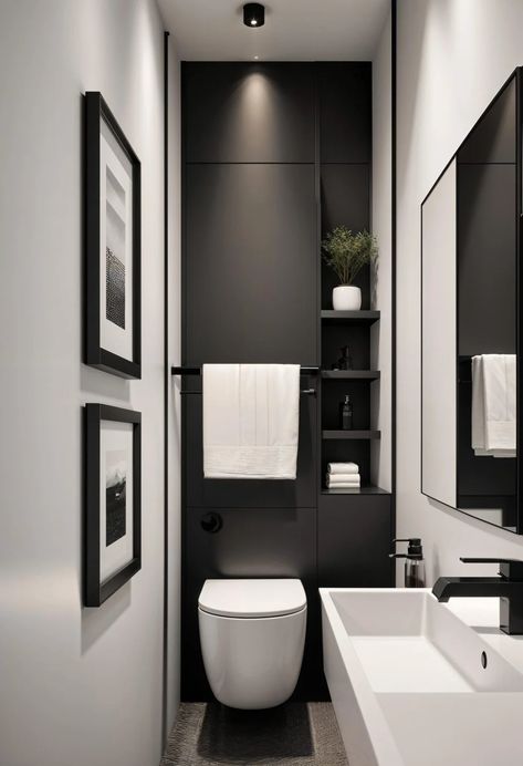 15 Genius Half Bathroom Decor Ideas 20 Stylish Small Bathroom Ideas, Small Townhouse Ideas, Toilet Room Design Ideas, Toilet Decorating Ideas Small, Half Bathroom Black And White, Black And White Bathroom Design Ideas, Black Downstairs Toilet, Half Bathroom Farmhouse, Black And White Toilet Room