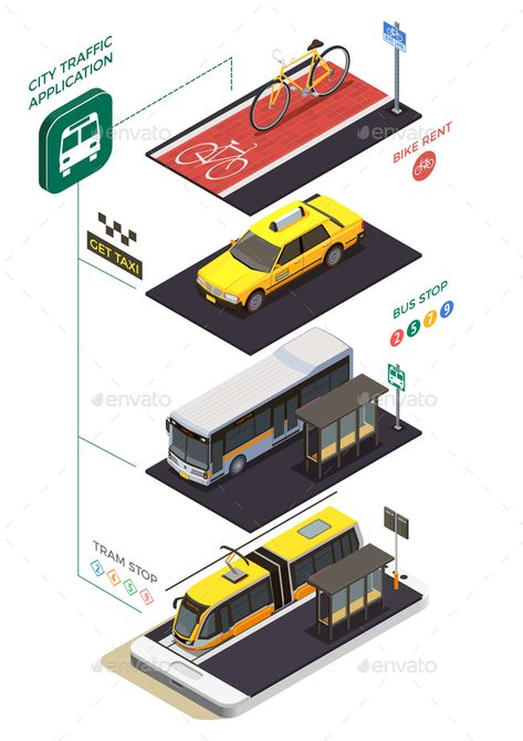 Public Transportation Isometric Concept Transportation Design Graphics, Public Transport Illustration, Public Transportation Design, Public Transport Architecture, City Transportation, Design City, Transportation Poster, Isometric Illustration, Architecture Design Concept