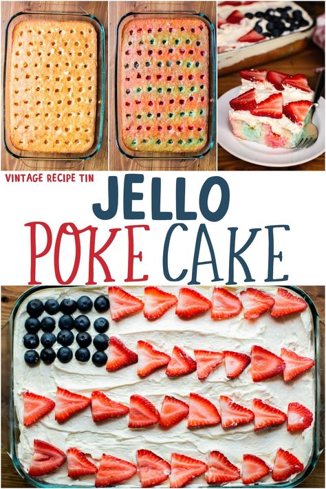 Jello poke cake decorated like a flag for the 4th of July! #jello #pokecake #redwhiteandblue #4thofjuly Flag Cake Recipe, Jello Poke Cake, Whip Frosting, Poke Cake Jello, Pudding Frosting, Cool Whip Frosting, Poke Recipe, Blue Jello, Bear Flag