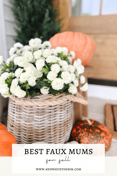 THE BEST FAUX MUMS FOR FALL - Red White & Denim Faux Plants For Front Porch Fall, White Mums Front Porch, Fake Mums Front Porch, Artificial Mums Front Porch, Faux Fall Outdoor Planter, Fake Mums Outdoors, Mum Planters Front Porches, Faux Mums Front Porch, Barndo Porch