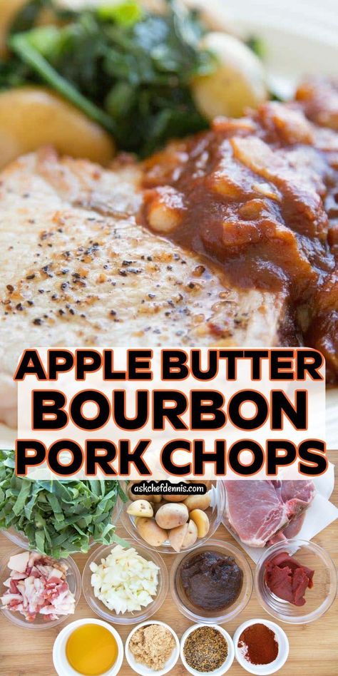 Apple Butter Bourbon Pork Chops Easy Dinner To Impress, Bourbon Pork Chops, Dinner To Impress, Pork Chops With Potatoes, Bourbon Pork, Make Apple Butter, Butter Pork Chops, Savory Apple Recipes, Apple Recipes Healthy