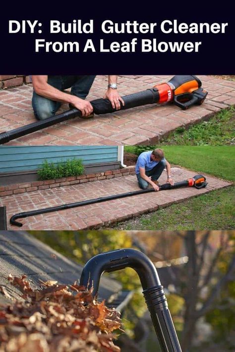 Make A Homemade DIY Leaf Blower Gutter Cleaner? Most of what you need   The internal diameter of your leaf blower nozzle The external diameter of your leaf blower nozzle The height of your roofline/gutters Items you will need to make your own gutter cleaner attachment: A sufficient length of 2” PVC pipe sufficient to reach the gutters An extra 6” length of PVC A 2” compatible PVC U-Joint Duct tape PVC cement and primer (Optional) Gutter Extension Ideas, Gutter Cleaning Hacks, Gutter Cleaning Tool, Diy Gutters, Diy Leaf, Gutter Cleaner, Diy Leaves, Gutter Cleaning, Diy Home Cleaning