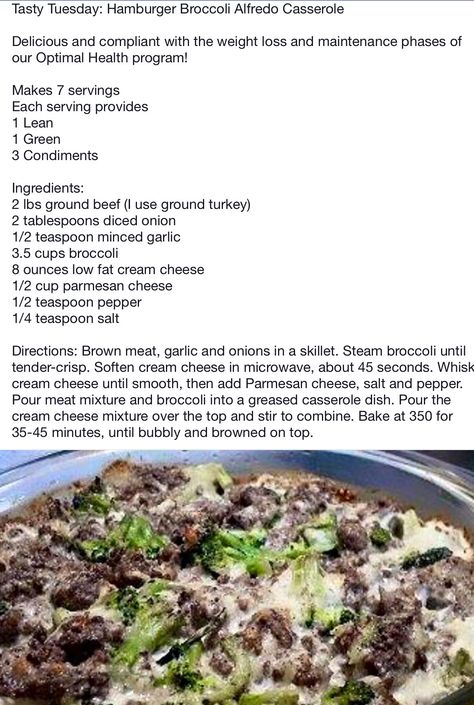 Hamburger Broccoli Alfredo Casserole Hamburger Broccoli, Optivia Lean And Green, Lean And Green Meals Optavia, Optivia Recipes, Alfredo Casserole, Medifast Recipes, Optavia Meals, Lean Green Recipes, Lean Protein Meals