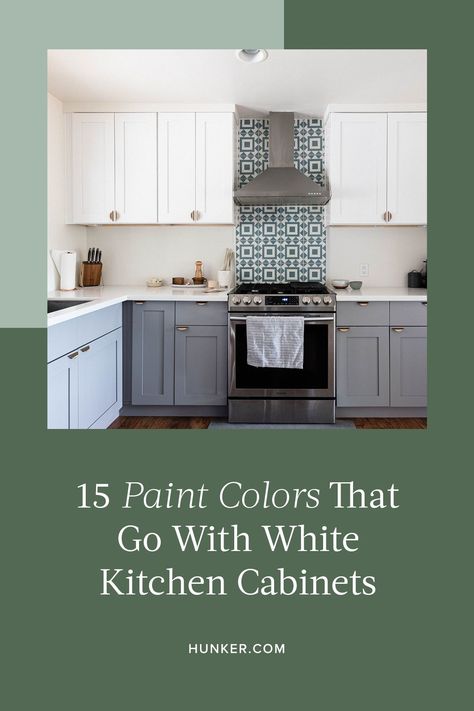 If you're like other homeowners who are wondering which colors to match with white cabinets, read on for 15 stylish color ideas. #hunkerhome #whitecabinetideas #whitekitchencabinet #cabinetideas Kitchen Paint Colors With White Cabinets, Best Wall Colors, Green Kitchen Island, White Cupboards, Taupe Walls, Sage Green Kitchen, Favorite Paint Colors, Kitchen Paint Colors, Green Cabinets