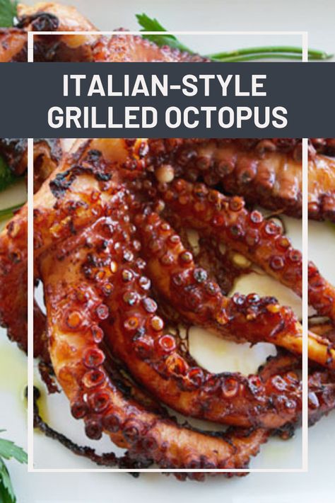 Italian-Style Grilled Octopus Recipe | Although I find it easiest to grill my octopus whole and then cut it into pieces before serving, you can cut it before grilling if you prefer. I like a lot of lemon with my seafood, so I serve it with additional lemon wedges. #seafood #seafoodrecipes #seafooddishes #howtocookseafood #seriouseats #recipes Grilled Octopus Recipe, Herb Oil Recipe, Octopus Recipe, Shake Recipes Healthy, Octopus Recipes, Squid Recipes, Grilled Octopus, Octopus Squid, Best Seafood Recipes