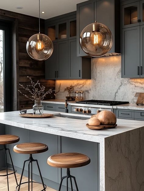 Discover the latest kitchen design with elegant grey cabinetry, marble counters, and chic pendant lighting. Perfect for a stylish home refresh! 🌟✨ #kitchendesign #homeremodel #modernkitchen Light Grey Marble Kitchen, Kitchens 2020 Trends, Oak Kitchens, Grey Marble Kitchen, Trendy Kitchen Design, White Kitchen Interior, Canada Project, Lights Over Kitchen Island, Marble Counters