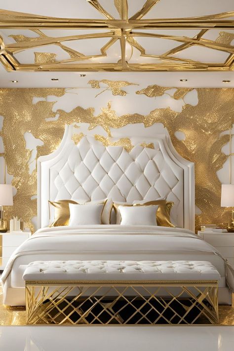 Bedroom Ideas Gold, White And Gold Bedroom Ideas, Classic Bedroom Ideas, White And Gold Bedroom, Golden Bedroom, Gold Bedroom Ideas, Grey And Gold Bedroom, Blue And Gold Bedroom, Bedroom Inspiration Cozy