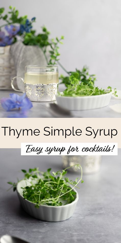 This thyme simple syrup recipe is an easy and quick recipe to make an herb infused syrup that you can add to any type of drink. Make thyme flavored cocktails, lemonade with an herby twist, or stir it into your favorite tea. Thyme Syrup Recipe, Rosemary Simple Syrup Recipe, Thyme Cocktail Recipes, Cocktail Syrup Recipes, Thyme Drinks, Flavored Simple Syrup Recipe, Simple Syrup Recipe Cocktails, Thyme Cocktails, Cocktail Techniques