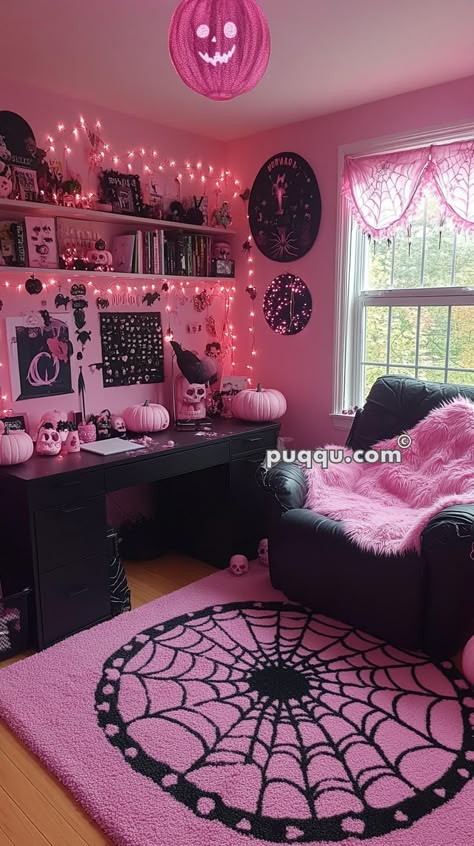 Spooky Meets Sweet: A Guide to Pink Halloween Decor - Puqqu Pink Decor Ideas, Pink Halloween Decor, Gothic Decor Bedroom, Dream Bedroom Inspiration, Goth Home Decor, Dream Apartment Decor, Goth Home, Dark Home Decor, Cute Bedroom Decor