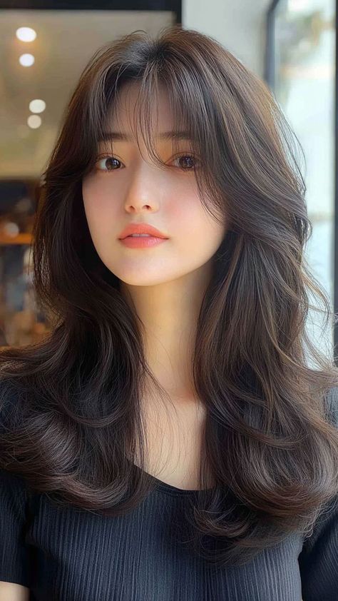 Curtain Bangs Thick Hair Asian, Round Face Haircuts Korean Style, Hairstyles To Frame Round Face, Hair Idea With Bangs, Curtain Bangs And Face Framing Layers Short Hair, Haircuts For Long Hair With Curtain Bangs, Long Soft Wolfcut, Face Framing Curtain Bangs With Layers, Korean Hairstyle Round Faces