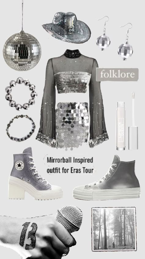 an taylor swift outfit idea mirrorball inspired Mirrorball Taylor Swift Eras Tour Outfit, Silver Taylor Swift Outfit, Taylor Swift Mirrorball Dress, Taylor Swift Disco Ball Outfit, Taylor Swift Silver Outfit, Folklore Mirrorball Outfit, Disco Concert Outfit, Mirrorball Aesthetic Outfit, Taylor Swift Mirror Ball Outfit