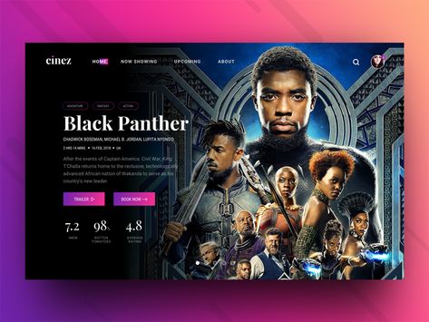 Cinez - Movie Ticket Booking Header Concept Movie Website Design, Web Movie, Top Rated Movies, Ui Website, Movie Ticket, Booking Website, Movie Website, Movie Sites, Ux Design Inspiration