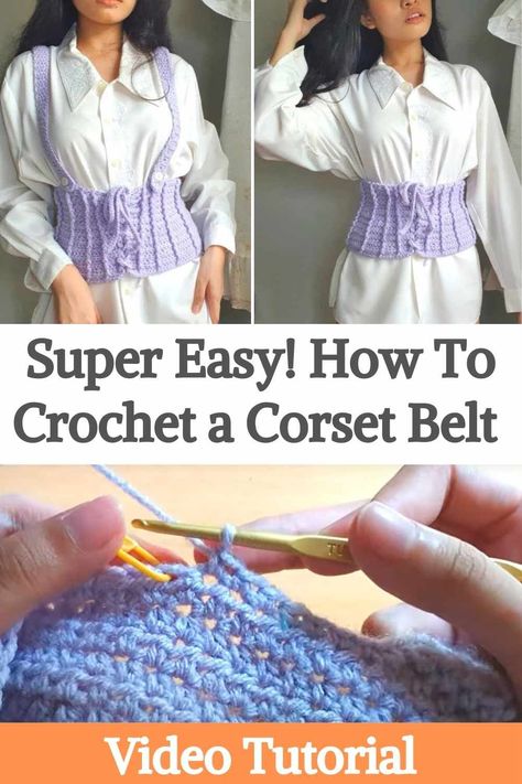 Add flair to your ensemble with this lace-up crochet belt. It is great for outfits with oversize dresses and shirts because it helps to stylize your figure. The best part is that this video also shows you the belt sizing guide so you can easily fit any body type. For this project, you will need 200g of worsted yarn, in the color of your choice. If you want a more slimming effect, try choosing dark colors. Plus a 3.00mm crochet hook and a few other basic supplies like a tape measure, stitch... Crochet Corset Belt Pattern, Crochet Body Harness Pattern, Crochet Corset Belt Free Pattern, Crochet Clothes Plus Size, Crochet A Corset, Crochet Corset Pattern Free, Crochet Belt Free Pattern, Crochet Corset Belt, Crochet Bralette Patterns