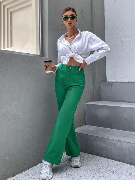 Green    Denim Plain Straight Leg Embellished Non-Stretch  Women Denim Green Jeans Outfit, Olive Pants Outfit, Olive Green Pants Outfit, Green Pants Outfit, Legs Outfit, Casual Attire For Women, Outfits Con Jeans, Winter Pants Outfit, Smart Casual Outfit