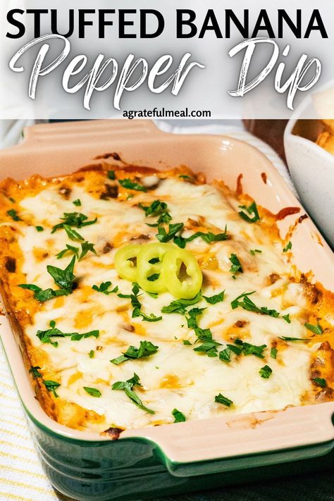 This stuffed banana pepper dip is the perfect appetizer for game day, Super Bowl, or parties. Made with all of the ingredients for stuffed banana peppers including marinara sauce, cream cheese, mozzarella, parmesan, and Italian sausage. It's an easy appetizer and one of the best dip recipes that are so creamy and cheesy - plus it gives the best cheese pulls! Stuff Banana Peppers Recipe, Banana Pepper Ideas, Banana Pepper Appetizer, Recipes With Fresh Banana Peppers, Banana Pepper Poppers, Stuffed Banana Pepper Dip, Pioneer Woman Recipes Appetizers, Pasta Wednesday, Fall Dips And Appetizers