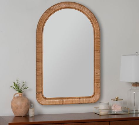 Brooke Rattan Arch Wall Mirror | Pottery Barn Round Mirror With Rope, Rattan Wall Mirror, Rope Mirror, Rattan Wall, Wall Mirror With Shelf, Arch Wall, Rattan Mirror, Arched Mirror, Oval Wall Mirror