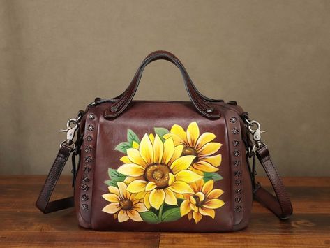 Genuine Leather Satchel Purse Shoulder Bag for Women Hand Painted Sunflower Personalized Custom Pattern Real Leather Crossbody Bag Handbag - Etsy Painting On Leather Bags, Hand Painted Bags Handbags, Painted Purses, Painted Leather Purse, Leather Painting, Hand Painted Leather Bag, Painted Leather Bag, Hand Painted Purses, Painted Handbag