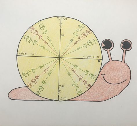 Unit circle snail Unit Circle Project Ideas Math, Unit Circle Project Ideas, Unit Circle Project, Circle Art Projects, Unit Circle Trigonometry, Circle Project, Unit Circle, Circle Graph, Geometry Teacher