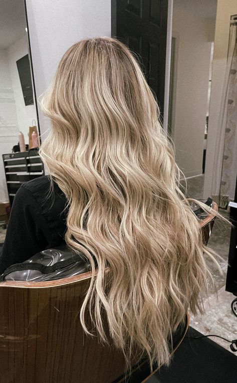 lived-in color and two rows of 22 in hand-tied extensions. 20 In Extensions, 22 In Hair Extensions, Brown To Blonde Extensions, Blonde Extensions With Lowlights, Lived In Blonde Extensions, Long Blonde Hair Extensions Ideas, Lived In Blonde With Extensions, 22” Hair Extensions, Blonde Extensions Before And After