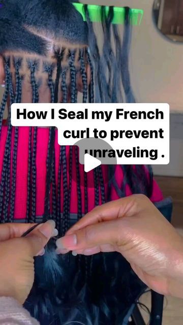 Besava Braids Shop on Instagram: "How to seal your French Curly Braids 🔥. Credit : @queensbeauty_lounge_  #besava_braids #frenchcurlybraids #boxbraidsgermany #afrohaarinspiration #flechtfrisur #haarverlängerung #braidlovergermany" French Style Braids, How To Tie French Curl Braids, French Curl Senegalese Twists, How To French Curl Braids, How To Do French Curls On Braids, French Roll Braids, Single Braids With Curly Ends, French Curl Braiding Hair, French Curls Braids Hairstyles Ideas