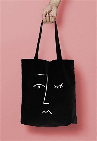 Face Line Drawing Print Cotton Tote Bag Shopper Black White Face Line Drawing, Sacs Tote Bags, Diy Tote, Drawing Face, Cotton Handbag, Diy Tote Bag, White Tote, Eco Bag, Black Tote