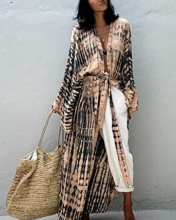 Beach Wear For Women Outfits, Long Kimono Outfit, Kimono Dress Outfit, Summer Kimono Outfit, Kimono Outfits, Tie Dye Cardigan, Kimono Outfit, Beach Kimono, Kimono Design