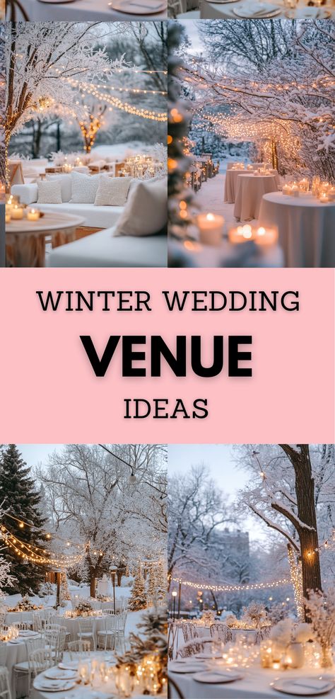 Elegant winter wedding venue featuring snow-kissed outdoor decor and romantic lighting. Winter Wedding Venue Ideas, Winter Wedding Locations, Indoor Winter Wedding, Wedding Venue Ideas, Winter Wedding Destinations, Wedding Venues Church, Dyi Wedding, Winter Wedding Venues, Winter Bridesmaids