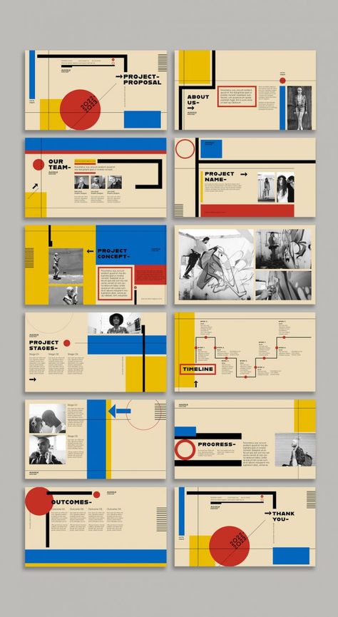 Bauhaus-Style Screen Presentation Template Bauhaus Book Design, Bauhaus Graphic Design Layout, Bauhaus Layout Design, Bauhaus Website Design, Bauhaus Web Design, Graphic Design Presentation Layout, Presentation Layout Ideas, Graphic Design Powerpoint, Bauhaus Design Poster