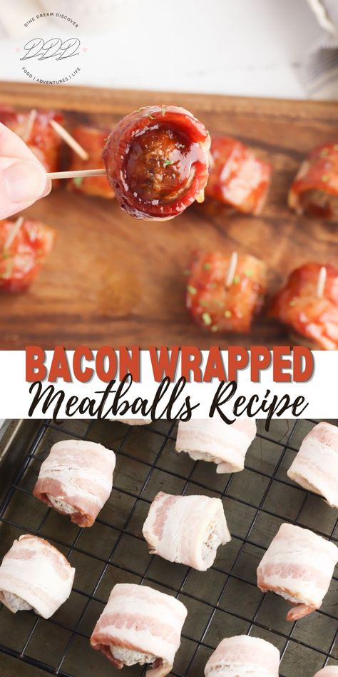 Bacon Wrapped Meatballs Recipe | DINE DREAM DISCOVER Wrapped Meatballs, Sweet And Spicy Bacon, Bacon Wrapped Steak, Bacon Wrapped Meatballs, Bacon Wrapped Recipes, Bacon Wrapped Appetizers, Spicy Bacon, Meatball Recipes Easy, Thanksgiving Menu Ideas