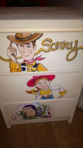 Toy story drawers Toy Story Dresser, Charlie Bennett, Toy Story Bedroom, Kids Toy Boxes, Disney Furniture, Crayon Box, Painting Furniture, Funky Painted Furniture, Hand Painted Furniture