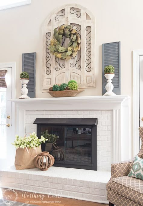 Spring fireplace mantel and hearth. Try displaying flowers or greenery in a tote instead of a basket or traditional container. Hearth Decor, Farmhouse Living Room Furniture, Farmhouse Living Room Decor Ideas, Rustic Farmhouse Living Room, Mantle Ideas, Fireplace Mantle Decor, Mantel Ideas, Fireplace Mantel Decor, Farmhouse Decor Living Room