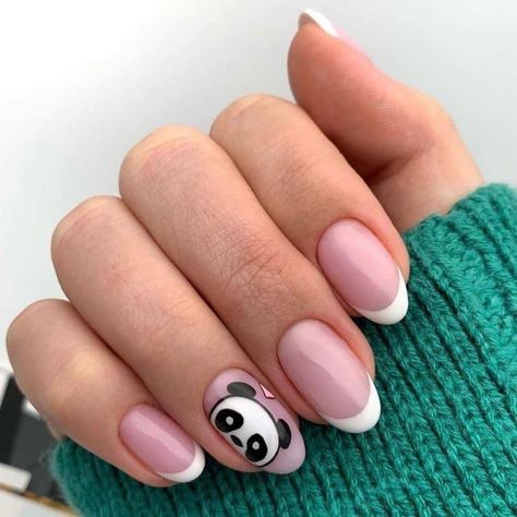 Panda Nail Art, Shellac Nail Art, Cute Nail Art Designs, Glitter Gel Nails, Simple Gel Nails, Oval Nails, Minimalist Nails, Funky Nails, Short Acrylic Nails