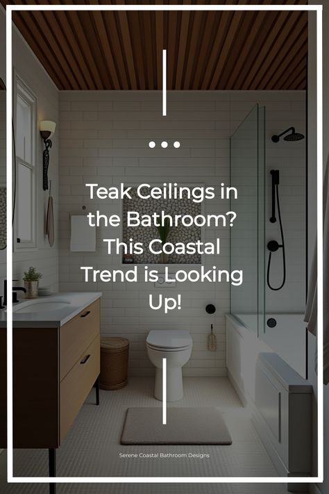 Bathroom with teak wood ceiling, white tiles, and pebble shower niche Ceiling Slats, Bathroom Ceiling Ideas, Slat Ceiling, Cool Tile, Wood Slat Ceiling, Coastal Bathroom Design, Coastal Color Palette, Coastal Bathroom, Bathroom Oasis