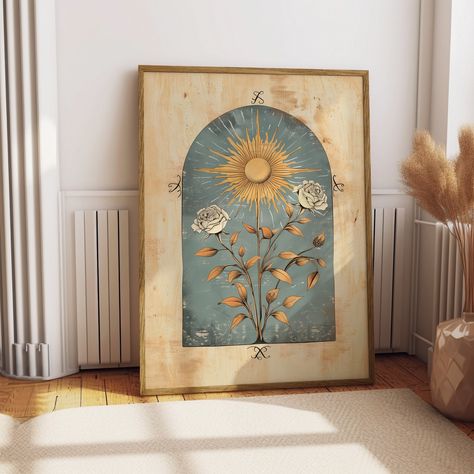 🌞 Sun Art Painting with Blue Background 🌟 | Norse Folk Art 🌿 | Mystical & Spiritual 🌸 | Floral Boho Decor 🌻 Illuminate your space with our Sun Art Painting with Blue Background! This mesmerizing piece of art marries traditional Norse folk art with a modern mystical twist. 🌿✨ 🌼 Key Features: Unique Folk Illustration: A stunning depiction of a radiant sun surrounded by delicate roses, evoking the timeless beauty of Norse spirituality. 🌞🌹 Vibrant Color Palette: Set against a serene blue ba Sun And Moon Art Nouveau, Sun Art Painting, Blue Wall Art Bedroom, Boho Meditation Space, Norse Spirituality, Boho Bedroom Wall Art, Boho Beach Bedroom, Folk Art Illustration, Boho Chic Art