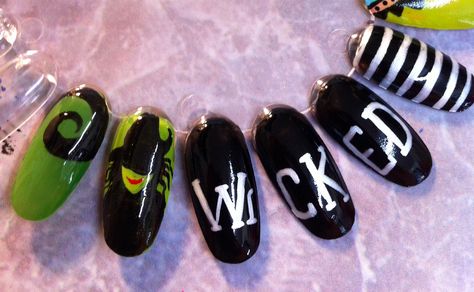 Tracy Sabatino Wicked Nail Art Wicked Musical Nail Designs, Wicked Nail Art, Wicked Musical Nails, Wicked Inspired Nails, Wicked Nails Musical, Hamilton Nails, Wicked Nails, Broadway Nails, Acrylic Ideas