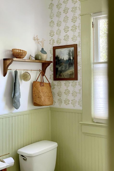 Cottagecore Powder Room, Grandma Bathroom, Scandinavian Cottage Interior, Green Wainscoting, English Cottage Bathroom, Beach Cottage Bathroom, Bathroom Gallery Wall, Scandinavian Cottage, Cabin Renovation