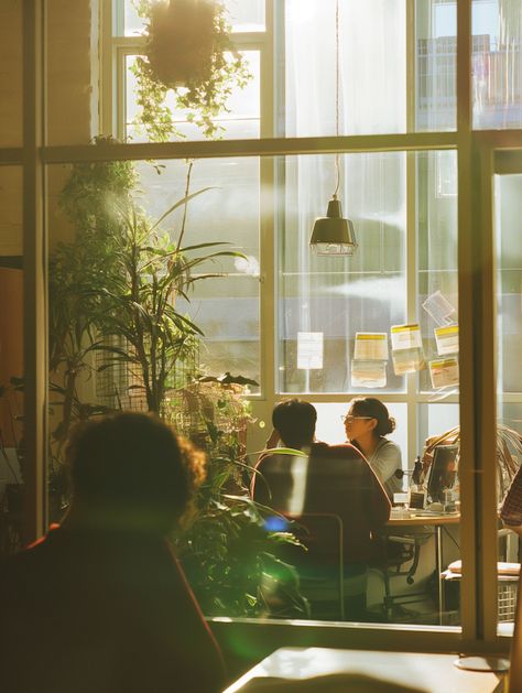 Lummi Photo - Sunlit Cafe Conversation Cafe Ambience Photography, Cafe Conversation, Small Wooden Table, Cafe Pictures, Green Cafe, Black Frames, Wooden Table, Large Windows, Wooden Tables