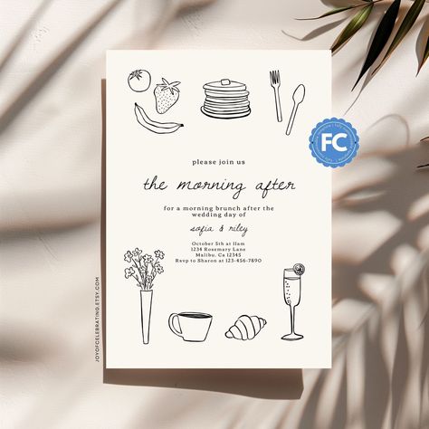 A minimalist, handwritten and hand doodled style invitation for a fun and tasty The Morning After Brunch! This template is FC - Fully Customizable - meaning that every part of the template (aside from template size) is customizable! Change the color of the graphics, the text. Move the graphics around, and really customize it to make it your own! TRY BEFORE YOU BUY - DEMO LINK! copy and paste this link into your browser! https://www.corjl.com/d/474F49 WHAT'S INCLUDED: - 5x7 Invitation Template - Brunch Invitations Template, Brunch Party Invitations, Minimalist Invitation Wedding, After Wedding Brunch, Doodle Wedding, Goodbye Party, Birthday Dinner Invitation, Minimalist Invitation, Wedding Brunch