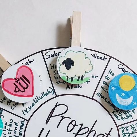 Dr. Nida Tariq on Instagram: "Character Wheel of Prophet Ibrahim (as)  Today, we read the chapter of Prophet Ibrahim (as) and Prophet Ismail (as) from Migo and Ali Love for the Prophets and learned about the character of Prophet Ibrahim (as). He was a true devotee, loyal, wise, and steadfast person who always encouraged people to worship only one God, Allah. He went through lots of trials, but with his patience and tawakkal, he came closer to Allah (swt).  I made this matching character wheel for my kids, for which I used an empty cereal box, acrylic markers, black marker, wooden pegs, paper tape, and compass (to draw circles). I asked my kids to read the character description and place the peg with the picture on it. We also used the poster Story Behind Hajj that we made last year to revi Prophet Birthday Craft, Islamic Projects For School, Character Wheel, Prophet Ibrahim, Follow The Prophet, Islamic Kids Activities, One God, Acrylic Markers, Story Activities