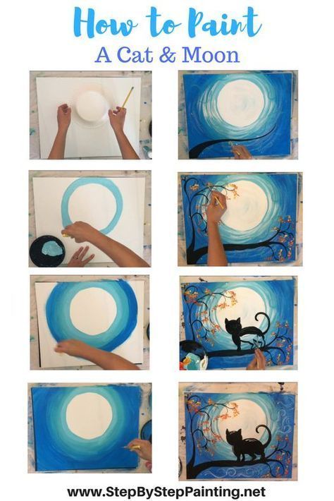 How To Paint A Cat And Moon - Tracie's Acrylic Painting Tutorials. StepByStepPainting.net Classe D'art, Cat And Moon, Acrylic Tutorials, Canvas Painting Tutorials, Easy Canvas Painting, Moon Painting, Homeschool Art, Acrylic Painting Tutorials, Step By Step Painting