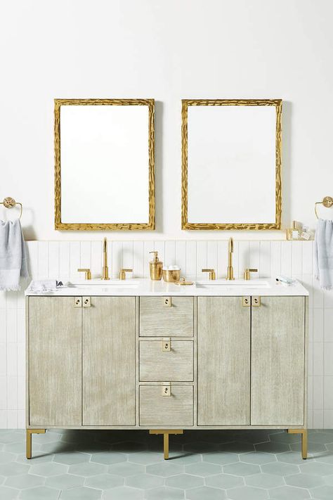 Anthropologie Ingram Double Bathroom Vanity #Sponsored , #AD, #Ingram#Anthropologie#Double Bath Decoration Ideas, Small Double Vanity, Bath Gift Ideas, Diy Powder Room, Relaxing Bath Ideas, Bath House Ideas, Marble Bathroom Design, Bath Relaxing, Bath Showers