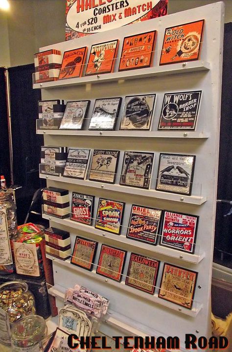 Halloween Coaster Display Cheltenham Road - we could do a mix and match type thing if we want! Display Rack Ideas, Coaster Display, Art Fair Display, Craft Fair Booth Display, Greeting Card Display, Used Woodworking Machinery, Chair Woodworking Plans, Craft Fairs Booth, Art And Craft Shows