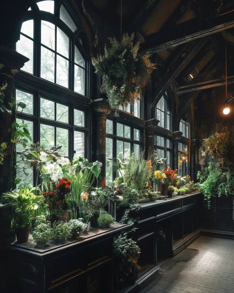 Dark Forest Green Aesthetic, Dark Office With Plants, Dark Academia Greenhouse, Botanical Goth, Dark Greenhouse Aesthetic, Dnd Tables, Goth Cottage, Victorian Greenhouse, Inspo Pictures