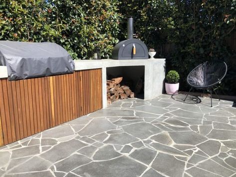 Bluestone Crazy Paving, Crazy Pave, Bluestone Paving, Pool Paving, Oven Outdoor, Outdoor Pavers, Paving Ideas, Permeable Pavers, Backyard Seating Area