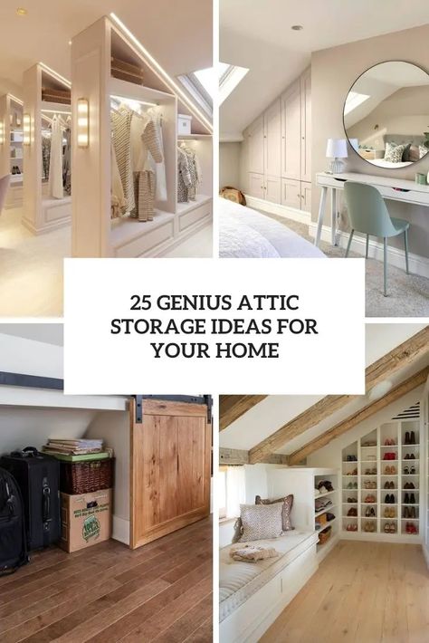 genius attic storage ideas for your home cover Eves Storage, Dormer Closet, Attic Bedroom Ideas Angled Ceilings, Attic Storage Ideas, Tidy Wardrobe, Small Attic Spaces, Upstairs Addition, Slanted Ceiling Bedroom, Attic Storage Space