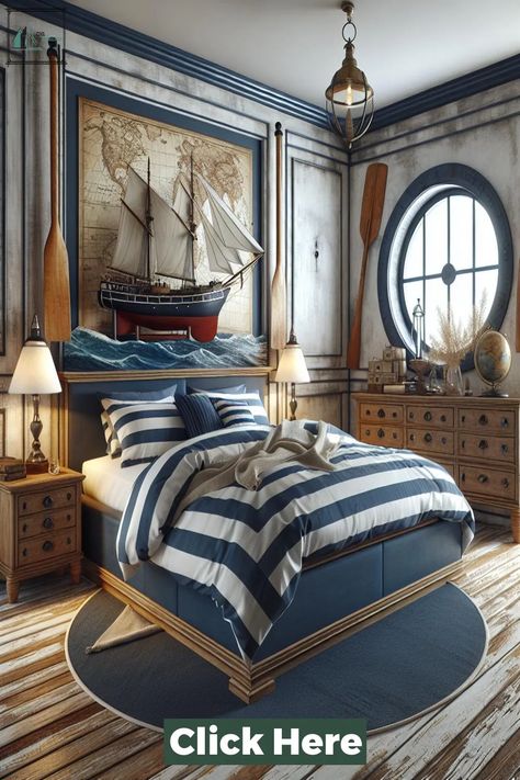 Top 30 Nautical Bedroom Idea Nautical Bedroom Ideas, Striped Bedspread, Boys Nautical Bedroom, Bunk Room Ideas, Nautical Decor Bedroom, White Washed Floors, Mediterranean Bedroom, Blue Wall Colors, Nautical Bedroom