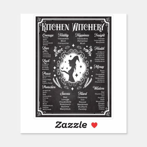 Kitchen Witchery Magic Knowledge Chart Sticker  Zazzle Witch Room Decor, Witch Room, Kitchen Drawing, Fall Blanket, Herbs And Flowers, Kitchen Witchery, Life Kitchen, Free Chart, Vintage Poster Design