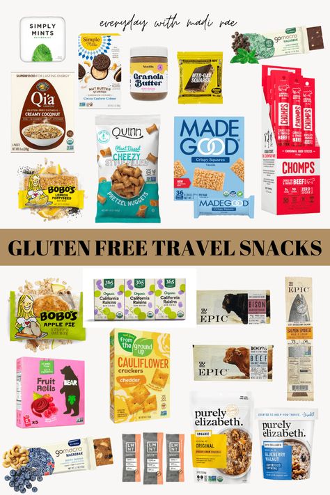 I've got you covered with this list of healthy gluten free travel snacks that you can take anywhere! All of them are airport friendly too! Gluten Free Grab And Go Snacks, Gluten Free Airplane Snacks, Gluten Free Road Trip Food, Gluten Free Travel Snacks, Healthy Airport Snacks, Gluten Free Swaps, Gluten Free Road Trip Snacks, Airport Snacks Travel, Crunchy Mum