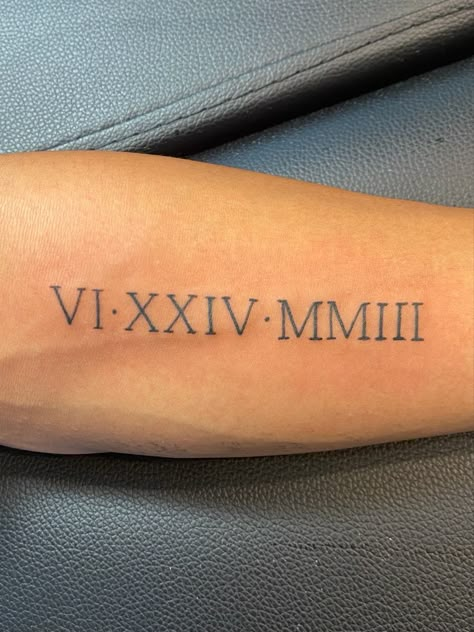 Roman Numeral Four Tattoos, Number Tattoo On Leg, Roman Numeral Tattoo Men Arm, Birthdate Tattoo Ideas For Men, Mens Roman Numeral Tattoo, Roman Numeral Tattoo Men, Roman Numeral Tattoo Arm, Roman Numeral Date Tattoo, Roman Numbers Tattoo